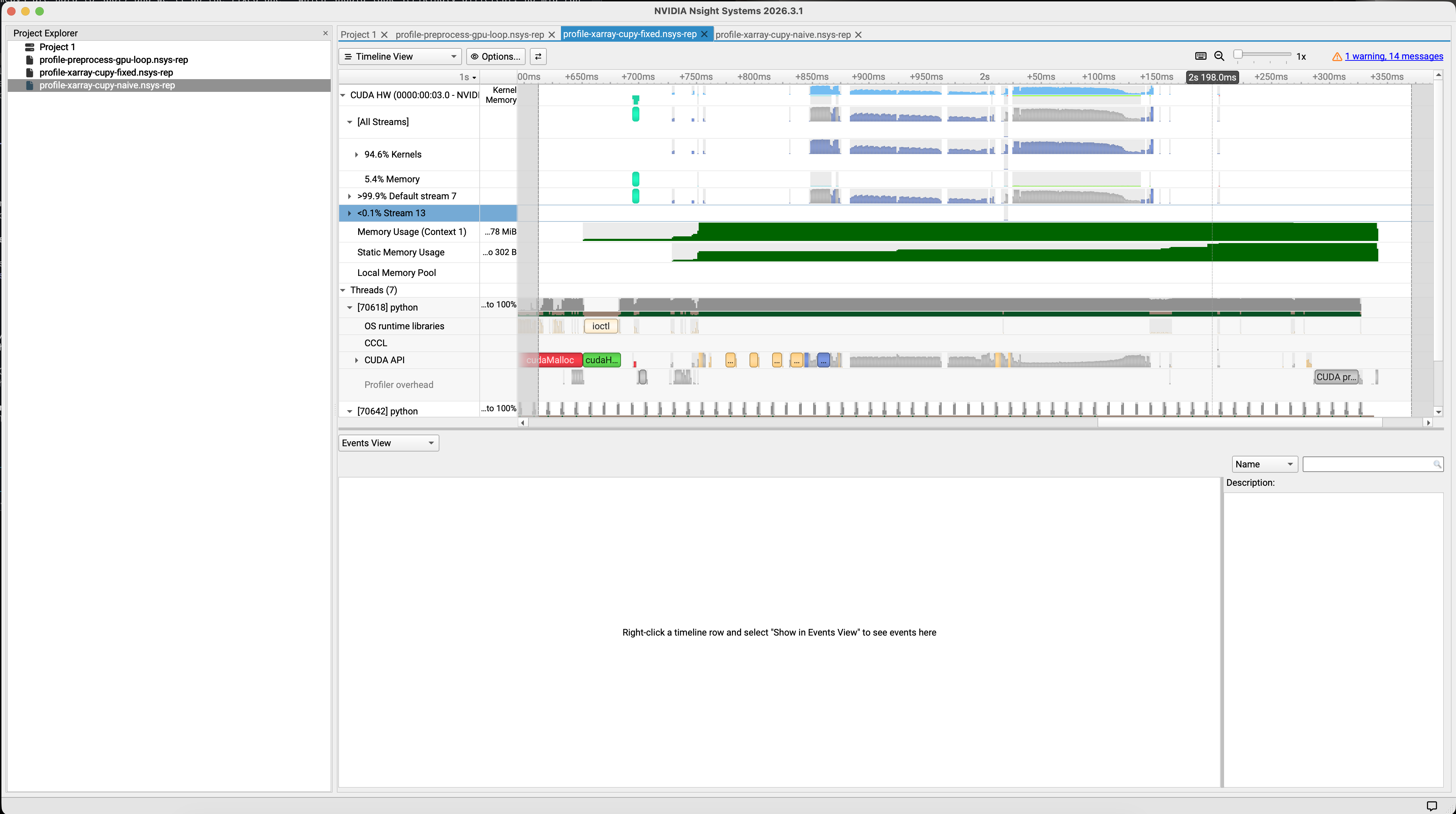 Nsight Systems timeline of xarray-cupy-fixed.py